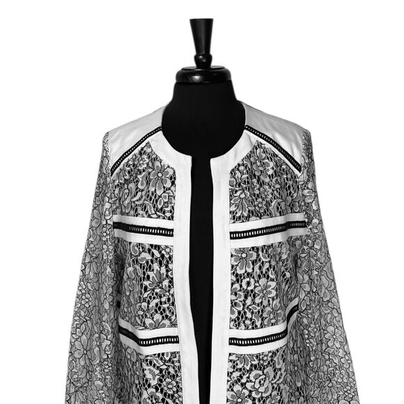 Chico’s Women’s Jacket 1 M/8 Black White Floral Lace Sheer Open Front Cardigan - Picture 5 of 9